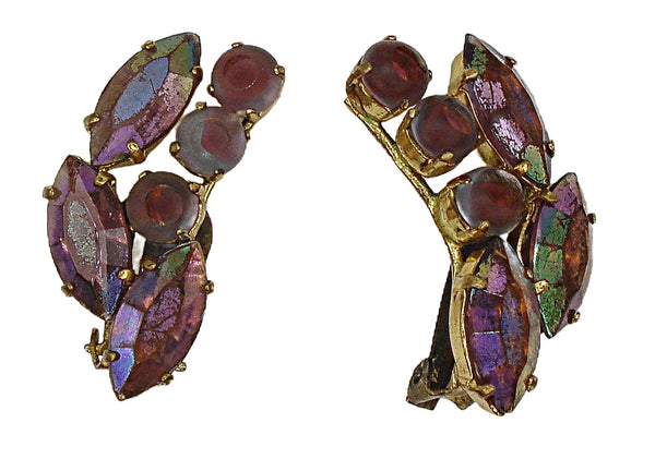 W. Germany Earrings Gold Tone AB Marquises Speciality Rounds 1 1/4"