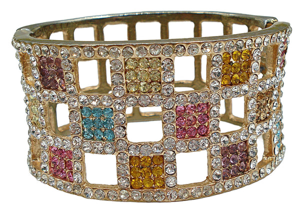 Clamper Bracelet Gold Tone Multi Color Rhinestones Open Checker Pattern