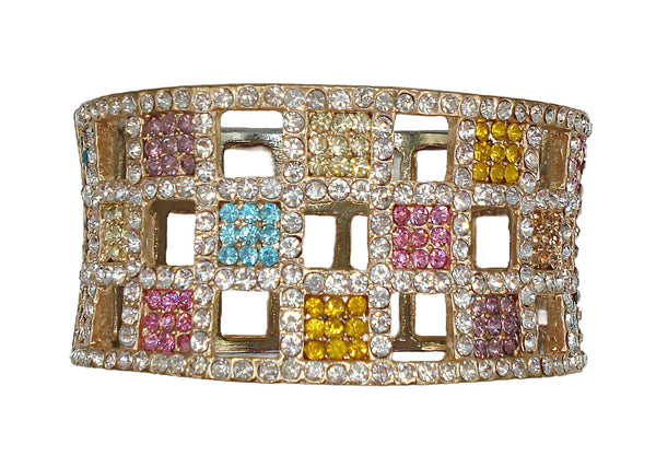 Clamper Bracelet Gold Tone Multi Color Rhinestones Open Checker Pattern