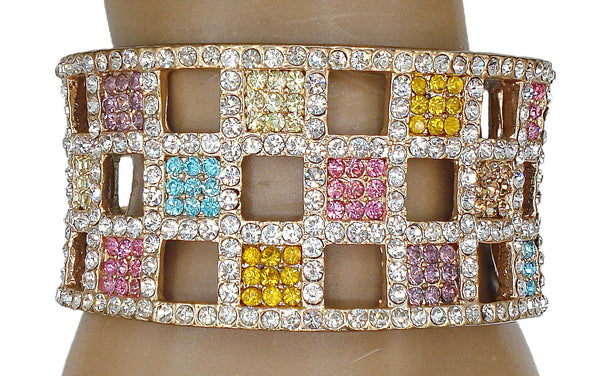 Clamper Bracelet Gold Tone Multi Color Rhinestones Open Checker Pattern