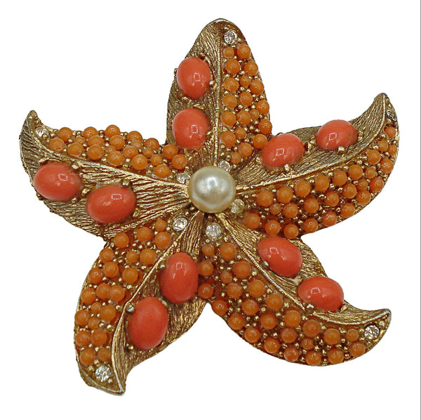 Brooch 2" Gold Tone Starfish Coral Balls Oval Cabochons Faux Pearl
