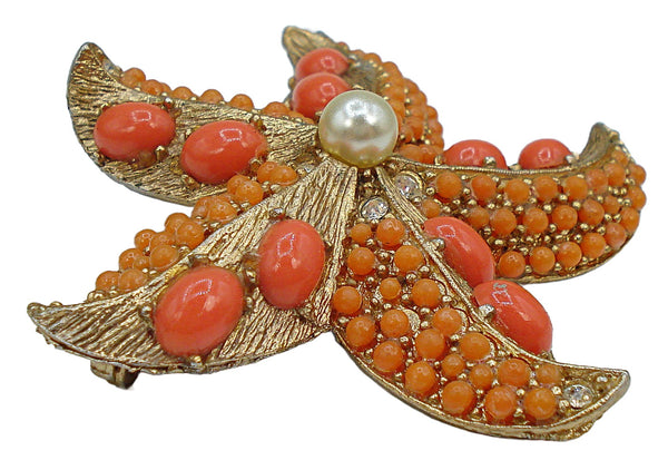 Brooch 2" Gold Tone Starfish Coral Balls Oval Cabochons Faux Pearl