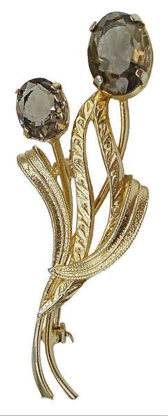2.5" Floral Brooch Gold Tone Prong Set Unfoiled Smoky Oval Rhinestones