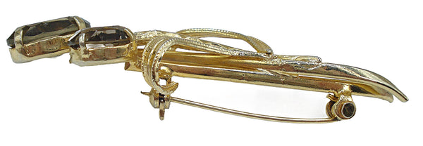 2.5" Floral Brooch Gold Tone Prong Set Unfoiled Smoky Oval Rhinestones