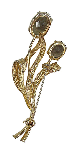 2.5" Floral Brooch Gold Tone Prong Set Unfoiled Smoky Oval Rhinestones