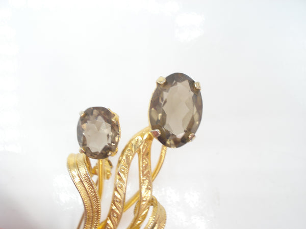 2.5" Floral Brooch Gold Tone Prong Set Unfoiled Smoky Oval Rhinestones