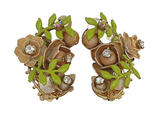Earrings 1.5" Floral Roses Tan Enamel Green Leaves Rhinestones Clip On