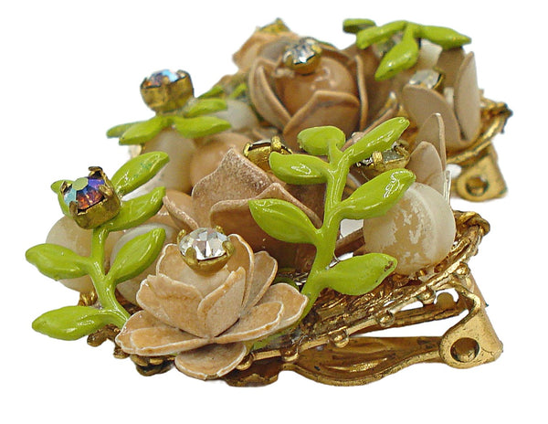 Earrings 1.5" Floral Roses Tan Enamel Green Leaves Rhinestones Clip On