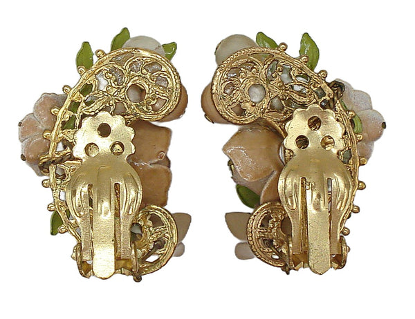 Earrings 1.5" Floral Roses Tan Enamel Green Leaves Rhinestones Clip On