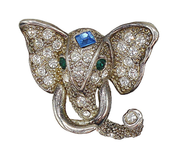 1.5" Elephant Head Brooch Pin Blue Green Crystal Rhinestones