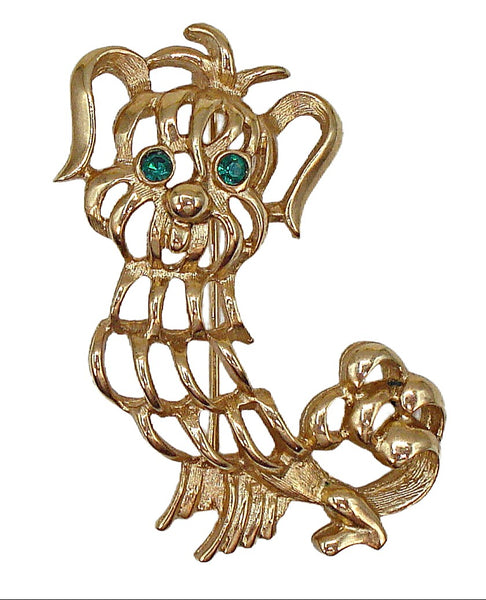 2" Avon Poodle Brooch Gold Tone Open Work Green Rhinestone Eyes