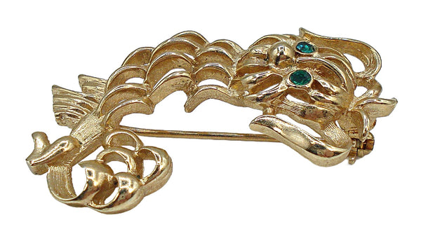 2" Avon Poodle Brooch Gold Tone Open Work Green Rhinestone Eyes