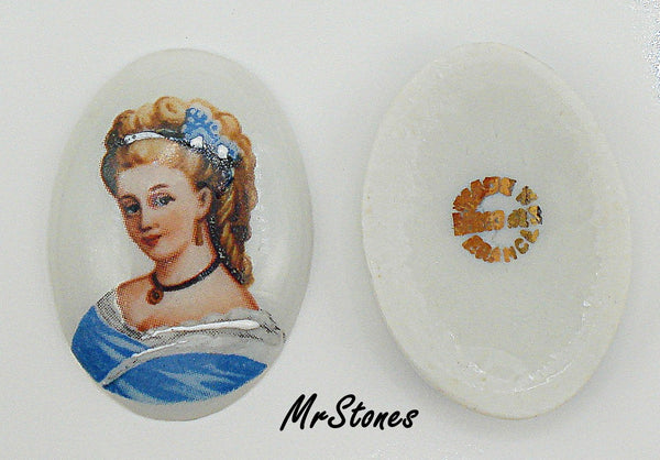 30x22mm Oval Porcelain French Lady in Blue Cabochon Made in France Limoges