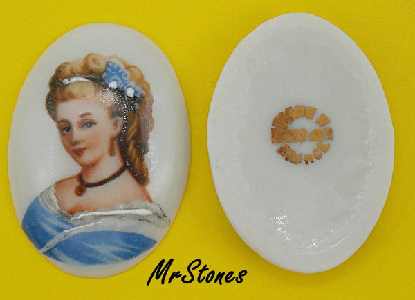 30x22mm Oval Porcelain French Lady in Blue Cabochon Made in France Limoges