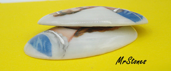 30x22mm Oval Porcelain French Lady in Blue Cabochon Made in France Limoges