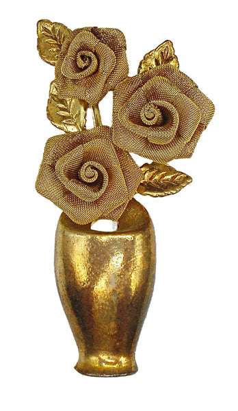 2.5" Brooch Gold Tone Mesh Roses 4 Leaves in a Vase