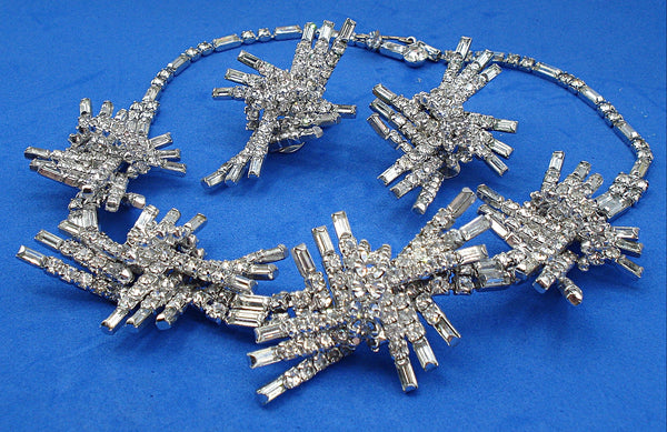 Unique Statement Set Silver Tone Firecracker Bows Prong Set Crystal Rhinestones