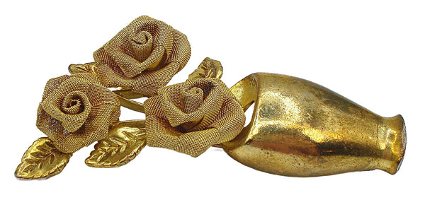 2.5" Brooch Gold Tone Mesh Roses 4 Leaves in a Vase