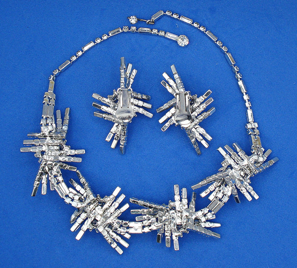 Unique Statement Set Silver Tone Firecracker Bows Prong Set Crystal Rhinestones