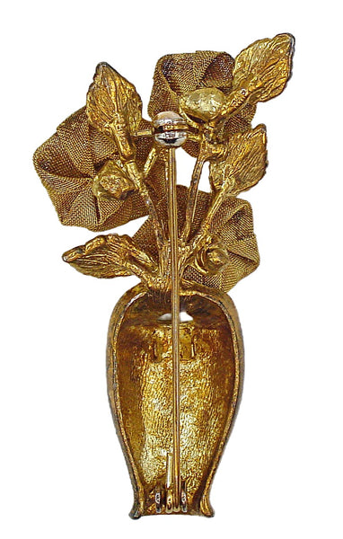 2.5" Brooch Gold Tone Mesh Roses 4 Leaves in a Vase