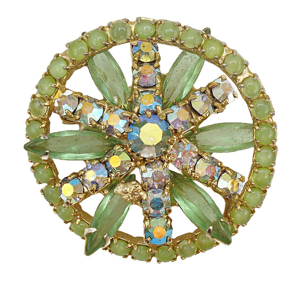 1.5" Brooch Open Circle Flower Inside Peridot Rhinestones Green Moonstones