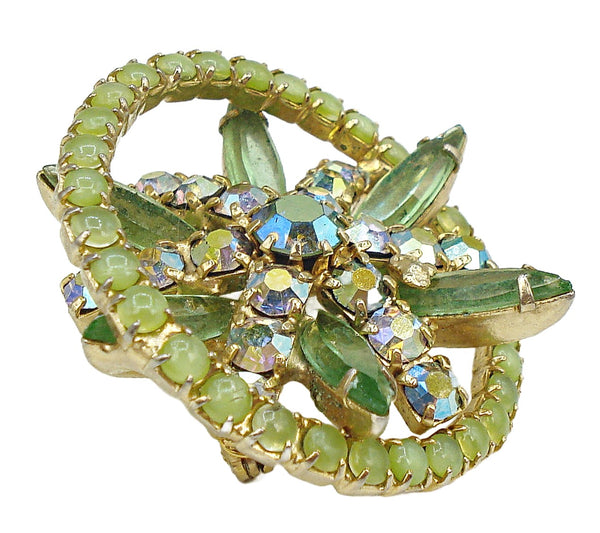 1.5" Brooch Open Circle Flower Inside Peridot Rhinestones Green Moonstones