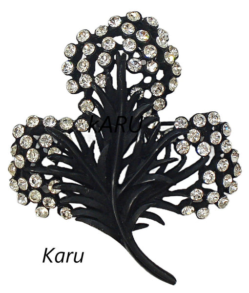 Signed Karu 2.5" Floral Brooch Black Japanned Enameled Crystal Round Rhinestones