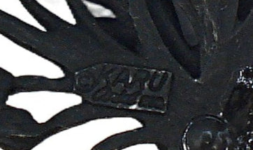 Signed Karu 2.5" Floral Brooch Black Japanned Enameled Crystal Round Rhinestones