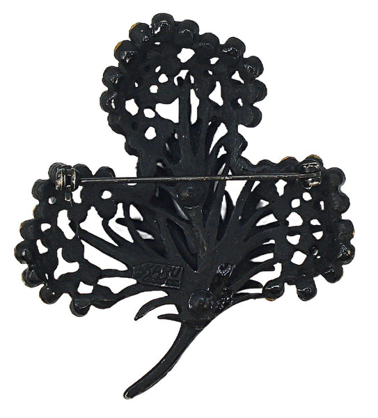 Signed Karu 2.5" Floral Brooch Black Japanned Enameled Crystal Round Rhinestones