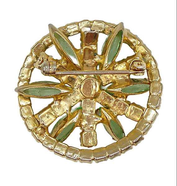 1.5" Brooch Open Circle Flower Inside Peridot Rhinestones Green Moonstones