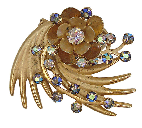 2" Kramer Brooch Flower Spray Gold Tone AB Prong Set Rhinestones