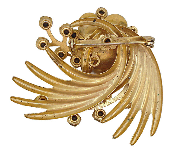 2" Kramer Brooch Flower Spray Gold Tone AB Prong Set Rhinestones