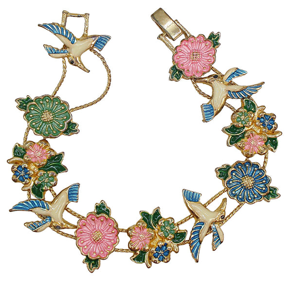 Slider Bracelet Gold Tone Flowers Birds Asst Spring Colors 7x3/4"