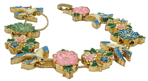 Slider Bracelet Gold Tone Flowers Birds Asst Spring Colors 7x3/4"