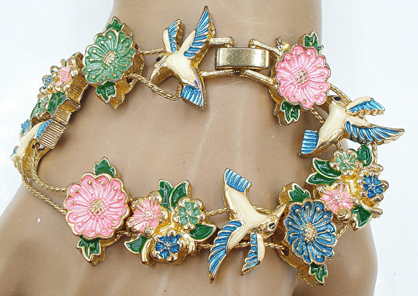 Slider Bracelet Gold Tone Flowers Birds Asst Spring Colors 7x3/4"