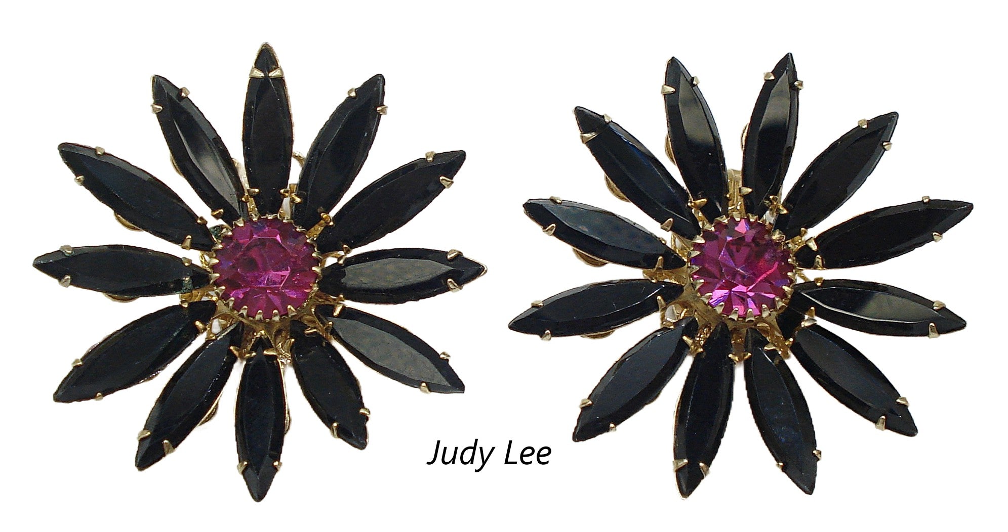 Judy Lee 1.5" Earrings Gold Tone Flower Prong Set Black Marquises Pink Round Center