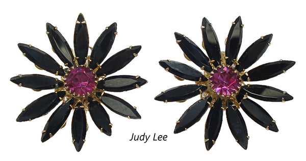 Judy Lee 1.5" Earrings Gold Tone Flower Prong Set Black Marquises Pink Round Center