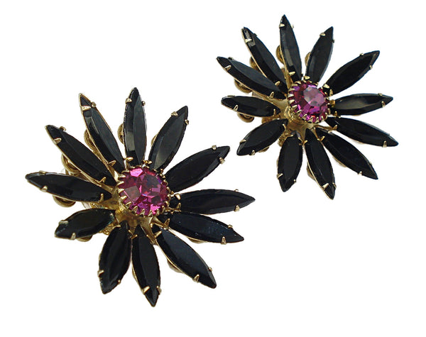 Judy Lee 1.5" Earrings Gold Tone Flower Prong Set Black Marquises Pink Round Center