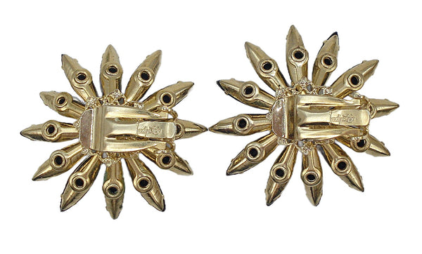 Judy Lee 1.5" Earrings Gold Tone Flower Prong Set Black Marquises Pink Round Center