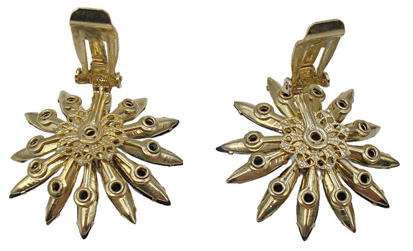 Judy Lee 1.5" Earrings Gold Tone Flower Prong Set Black Marquises Pink Round Center