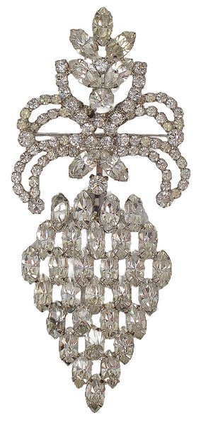 4" Chandelier Dangle Brooch Rhodium Plated Prong Set Crystal Marquise Round Rhinestones