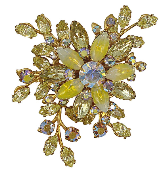 3" Spray Brooch Jonquil Yellow Sabrina Light Smoked Topaz AB Gold Tone Prong Set