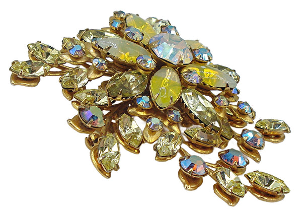 3" Spray Brooch Jonquil Yellow Sabrina Light Smoked Topaz AB Gold Tone Prong Set