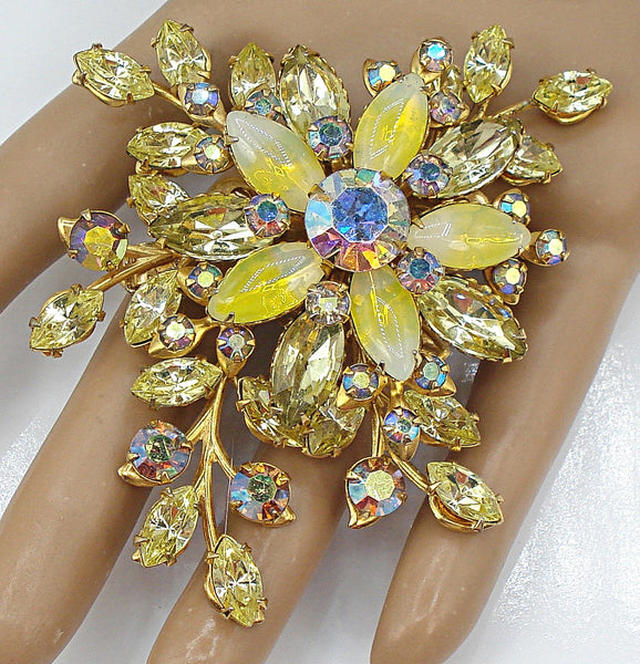 3" Spray Brooch Jonquil Yellow Sabrina Light Smoked Topaz AB Gold Tone Prong Set