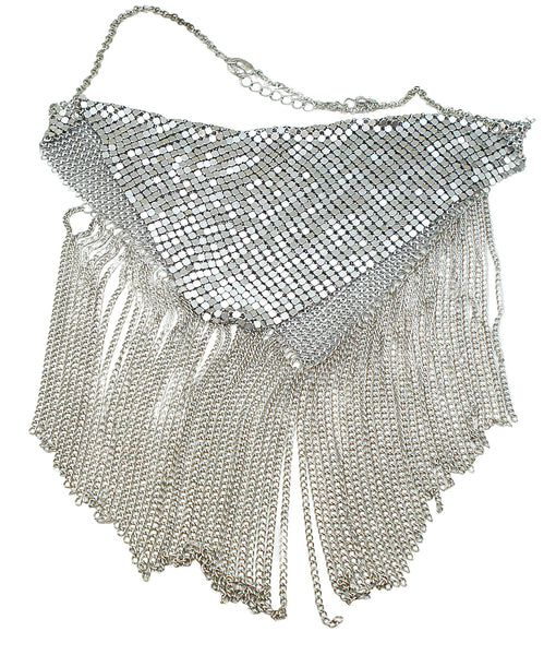 Necklace 4" Fold Over Draped Bib 3.5" Chain Fringe Shiny Silver Tone 23"