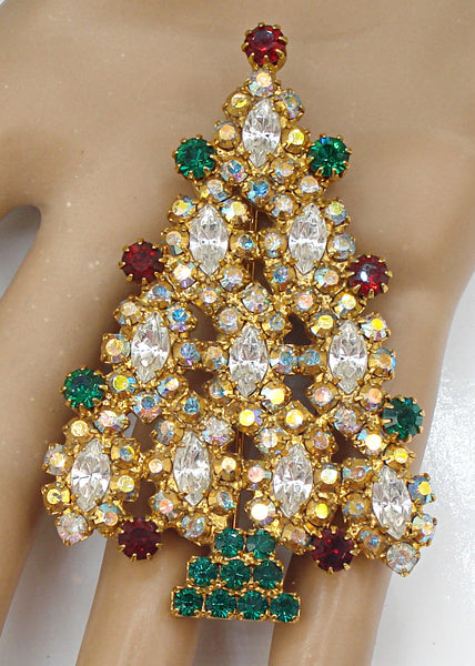 Vintage Christmas Tree Brooch 2.5" Gold Tone Prong Set Complex Rhinestones