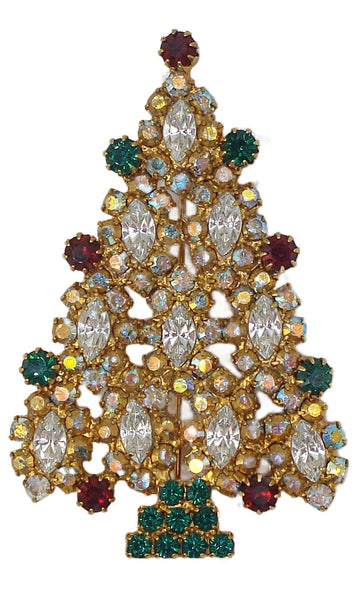 Vintage Christmas Tree Brooch 2.5" Gold Tone Prong Set Complex Rhinestones