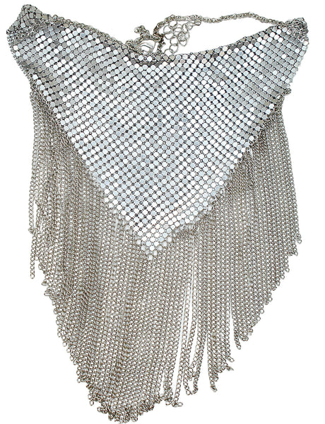 Necklace 4" Fold Over Draped Bib 3.5" Chain Fringe Shiny Silver Tone 23"