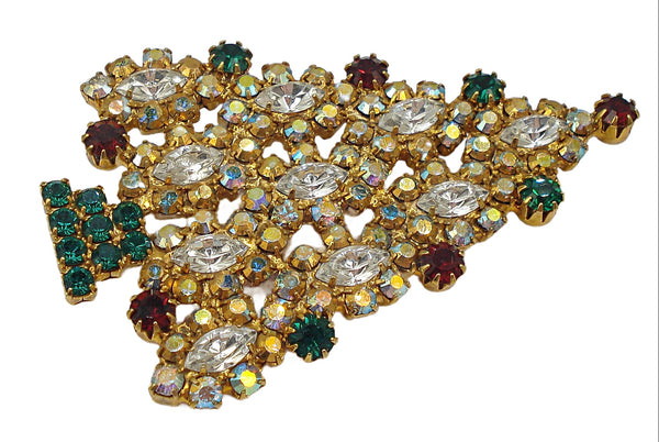 Vintage Christmas Tree Brooch 2.5" Gold Tone Prong Set Complex Rhinestones