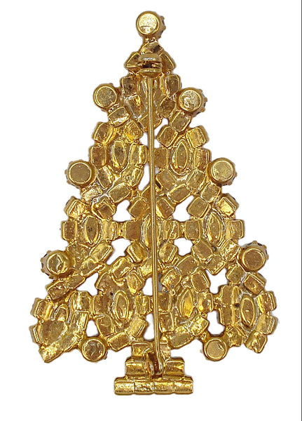 Vintage Christmas Tree Brooch 2.5" Gold Tone Prong Set Complex Rhinestones